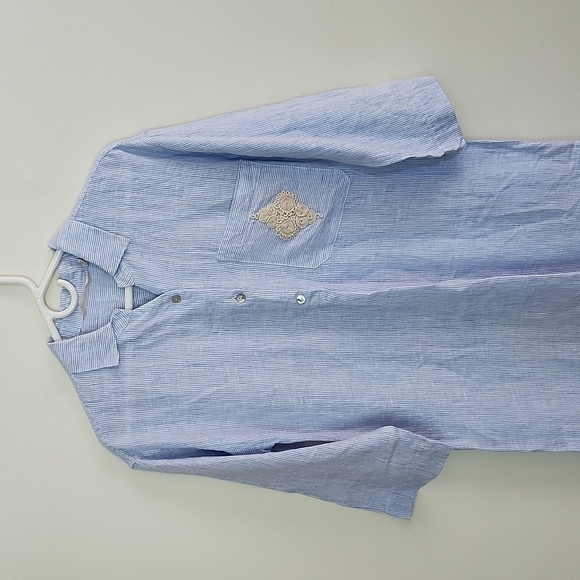 Soft Surroundings Linen Maxi Dress Blue White Striped Embroidered Side Slits S - Picture 2 of 11